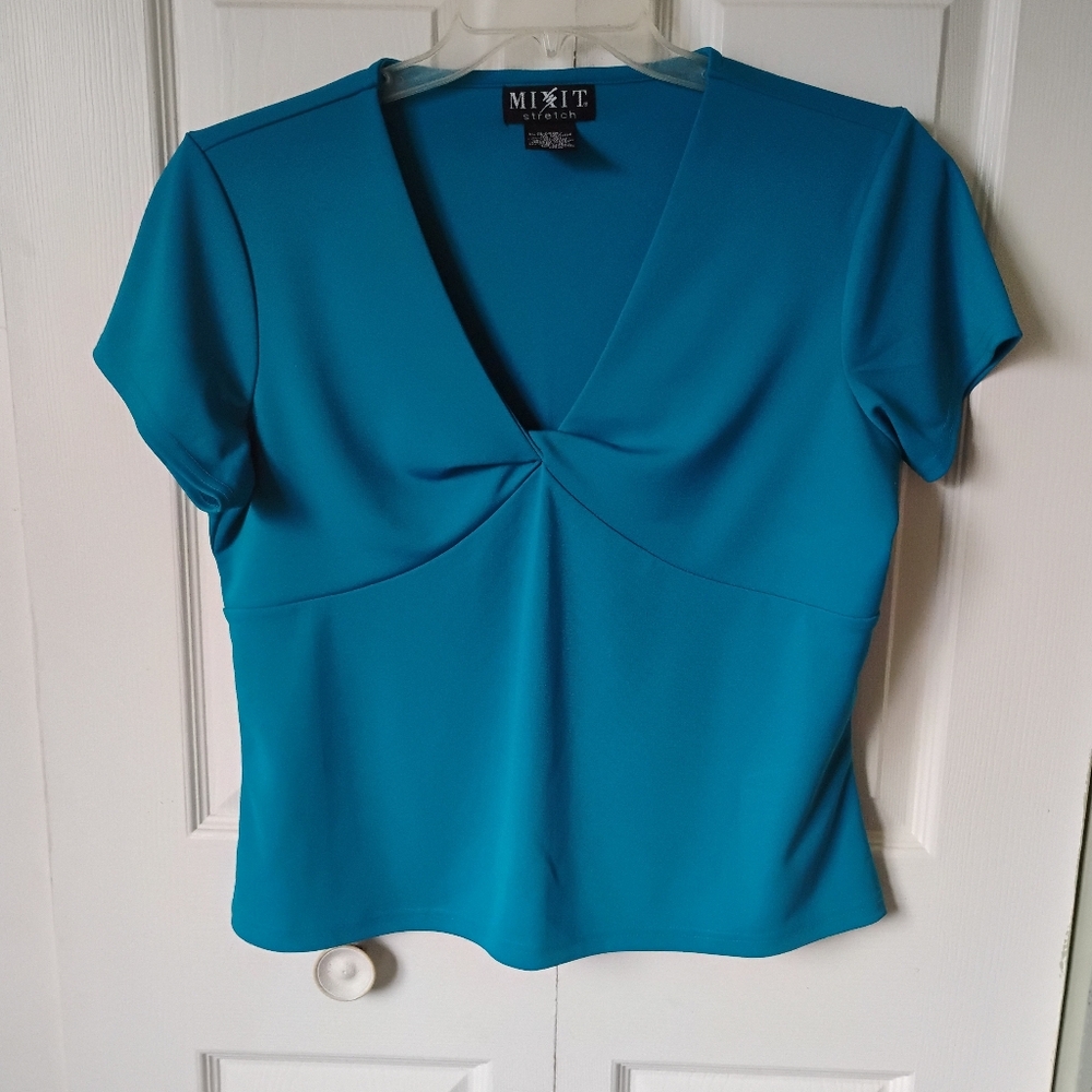 Vintage Y2K Mixit Bright Teal V-Neck Short Sleeve Blouse